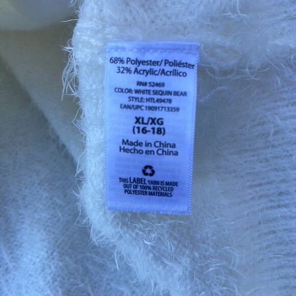 Holiday Time white fuzzy sequin polar bear sweater size XL 16/18 - Picture 4 of 7